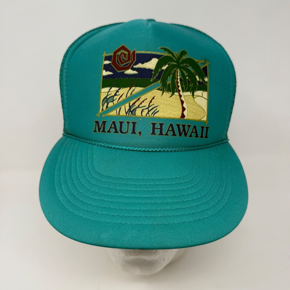 Vintage Nissun Maui Hawaii Trucker Hat Teal Mesh Snapback Retro Souvenir Cap